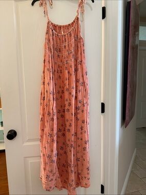 Free People Coral Peach Maxi Dress with Purple Floral Print